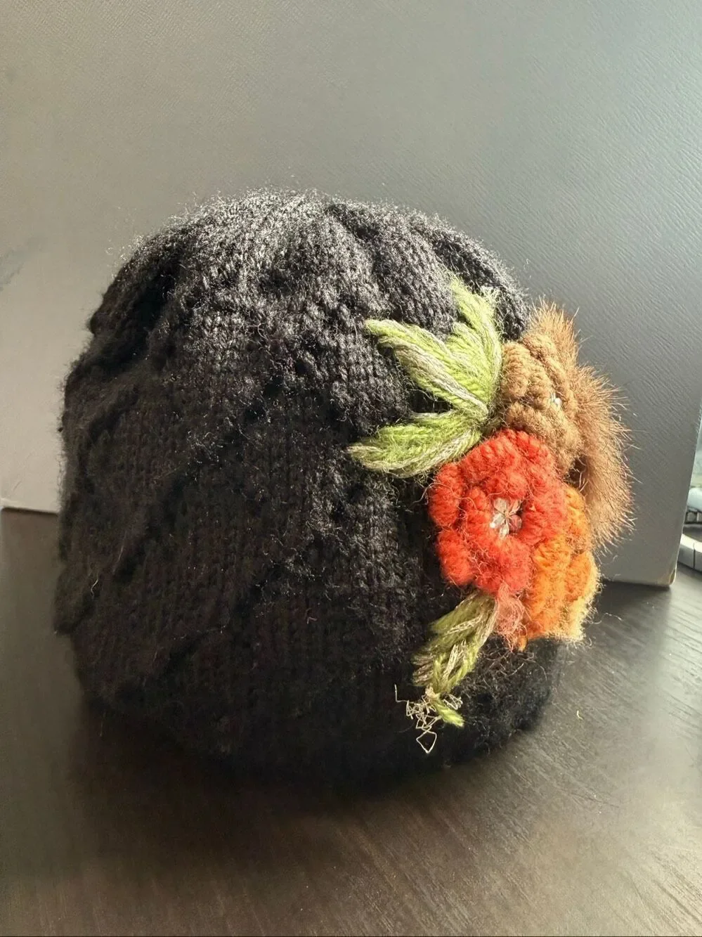 Black Floral Embellished Knit Beanie with Faux Fur Pom